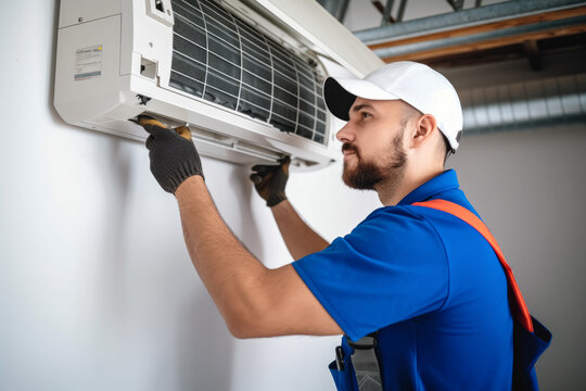 Air conditioning technician servicing a wall-mounted AC unit in Clearfield, UT
