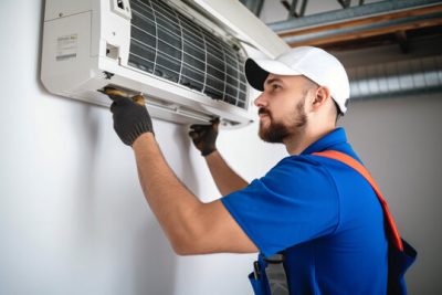 Air conditioning technician servicing a wall-mounted AC unit in Clearfield, UT