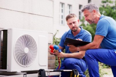 HVAC technicians reviewing an outdoor air conditioning unit in Clearfield, UT